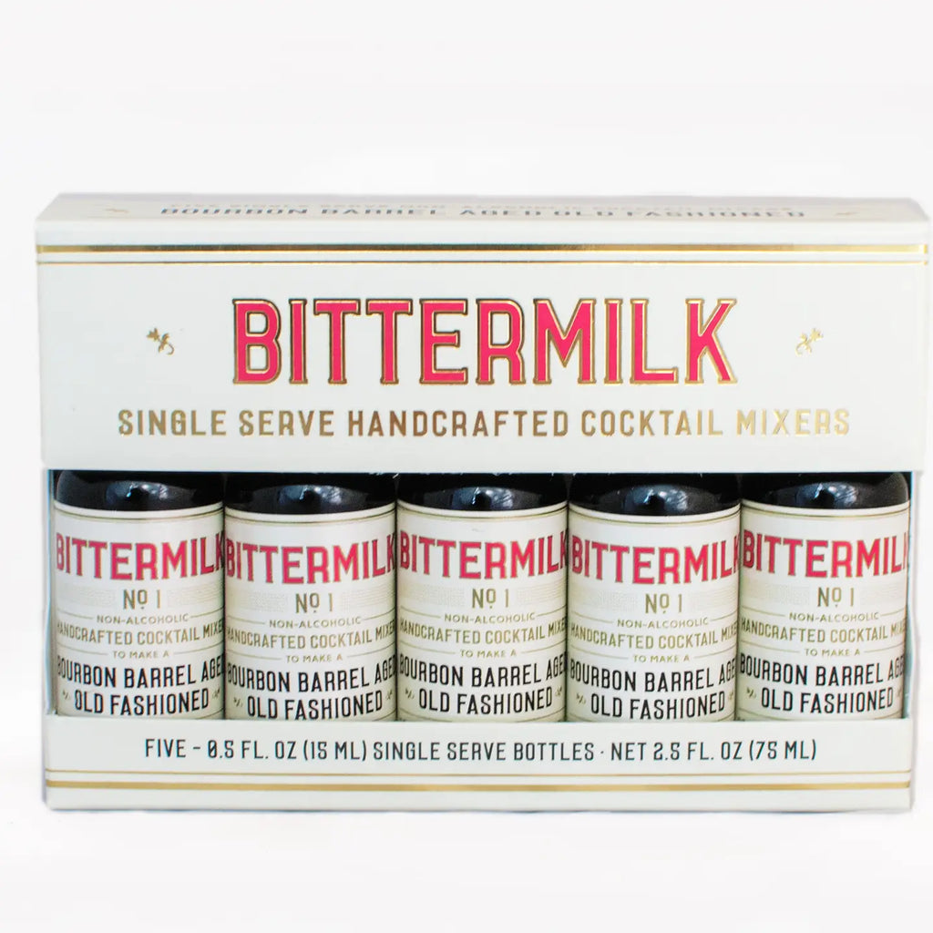 Packaging of Bittermilk single serve handcrafted cocktail mixers on a white background