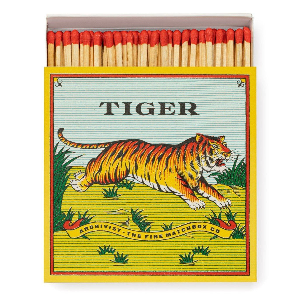 Decorative matches with tiger on the front and says "Archivist- The Fine Matchbox Co."