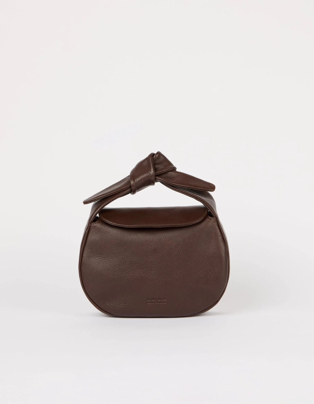Brown leather handbag with a knot detail on a white background