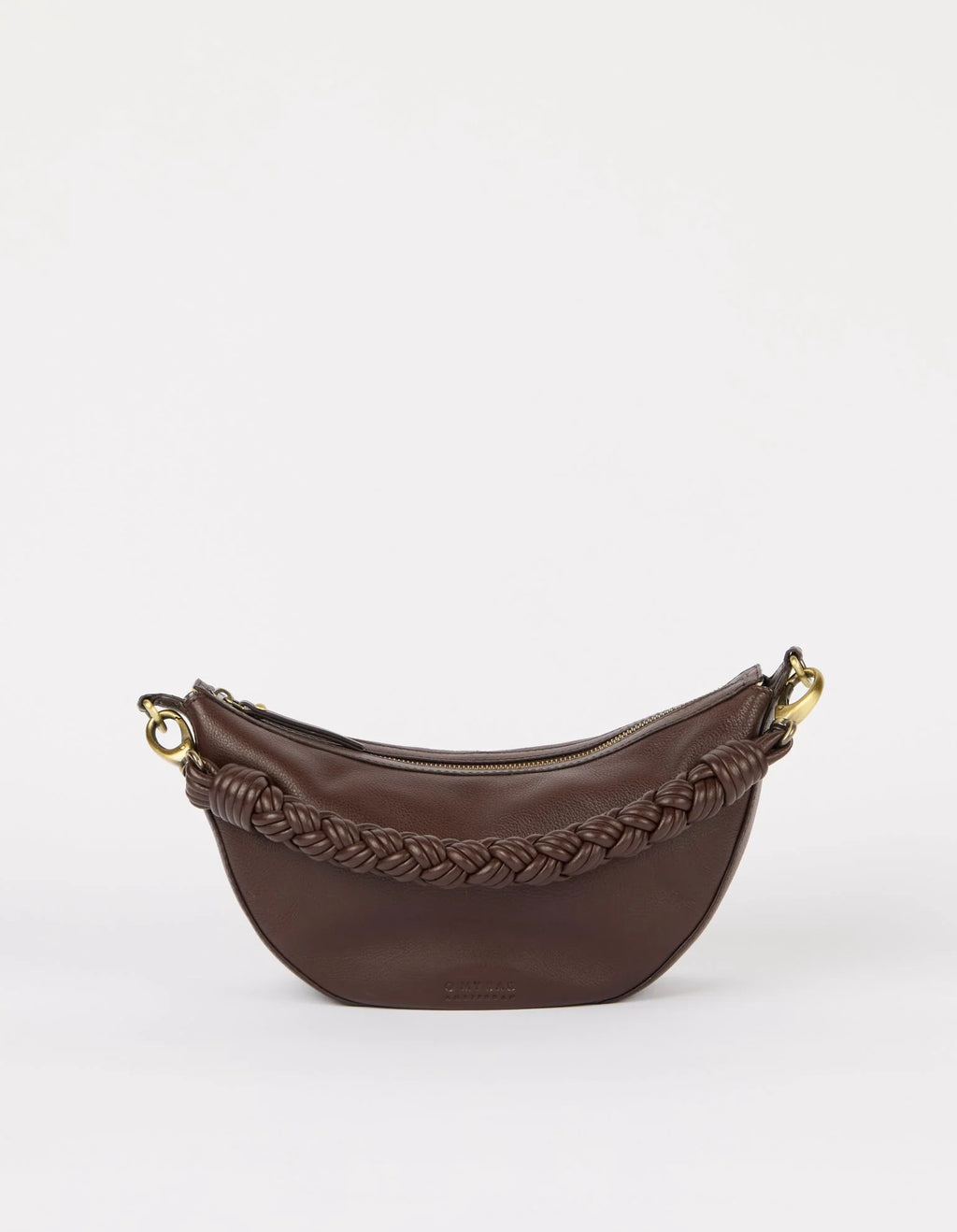 Brown handbag with braided design on a white background