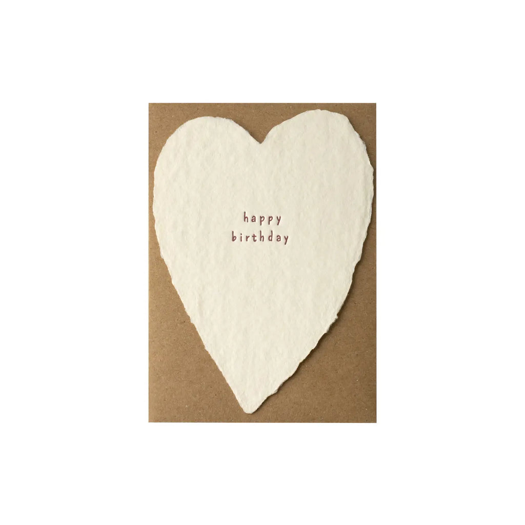 handmade paper cards with soy ink letterpress on recycled cotton paper that reads "happy birthday."
