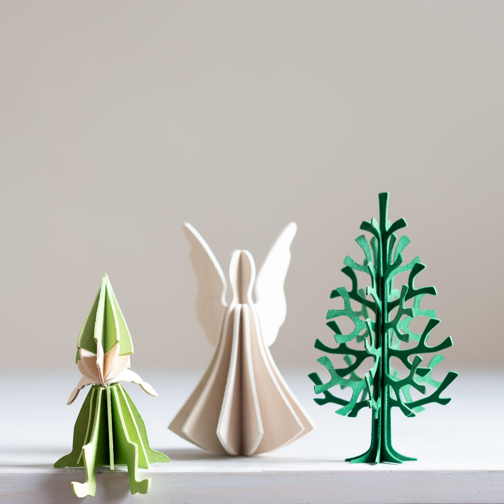 Lovi Wooden Creations from the Forests of Finland Elf, Angel, and Tree.