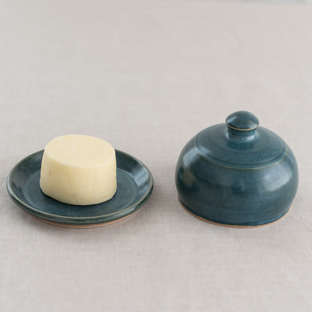 domed butter set - ceramic butter dish - stormy blue butter dish - white butter dish