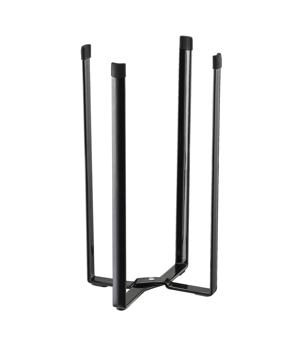 Black metal display stand with four upright legs and a triangular base, shown on a plain white background.