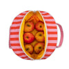 Red and pink striped bag filled with apples on a white background