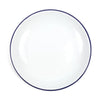 White plate with a blue rim on a white background