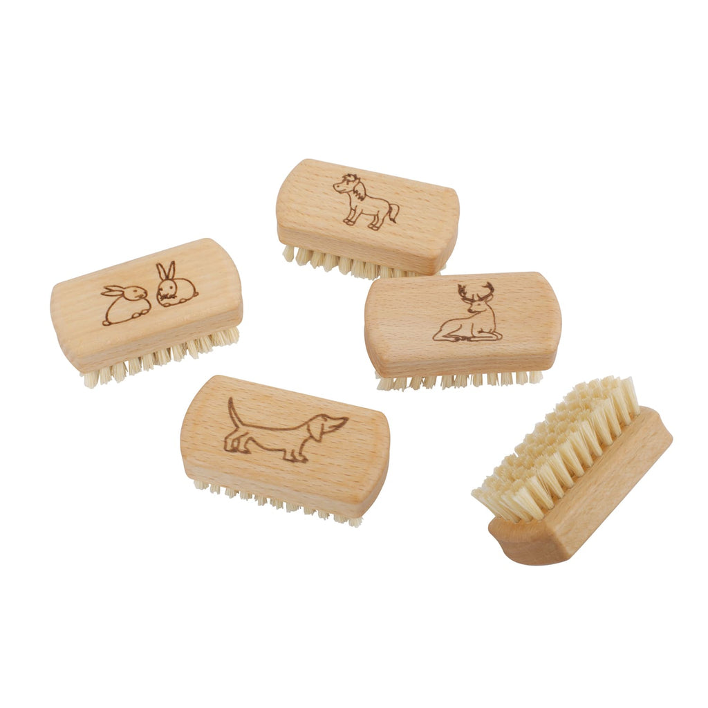 Set of wooden nail brushes with animal illustrations on a white background