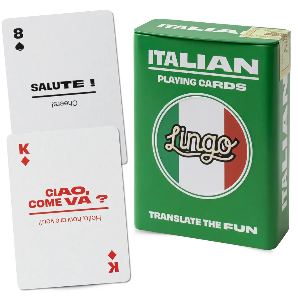 Playing cards with Italian text and a green box labeled 'Italian Playing Cards Lingo'.