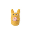 Yellow plush toy with a pink nose on a white background