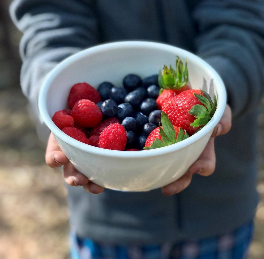 Person holding a bowl of mixed berries outdoors