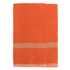 An orange woven tea towel, featuring a horizontal light beige stripe near the bottom edge, displayed flat against a white background.