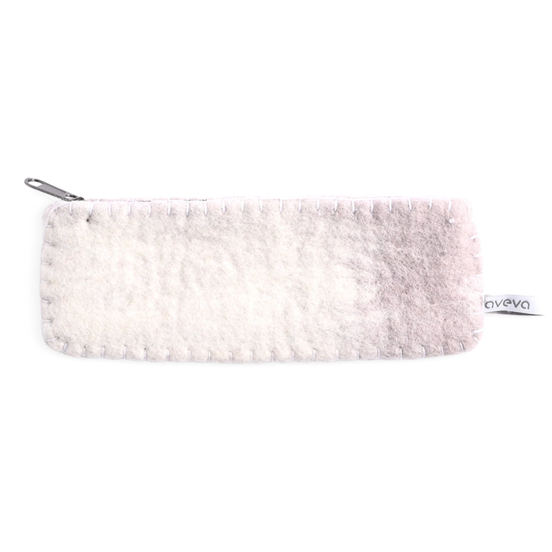 White fluffy pouch with a brand logo on a white background