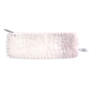 White fluffy pouch with a brand logo on a white background