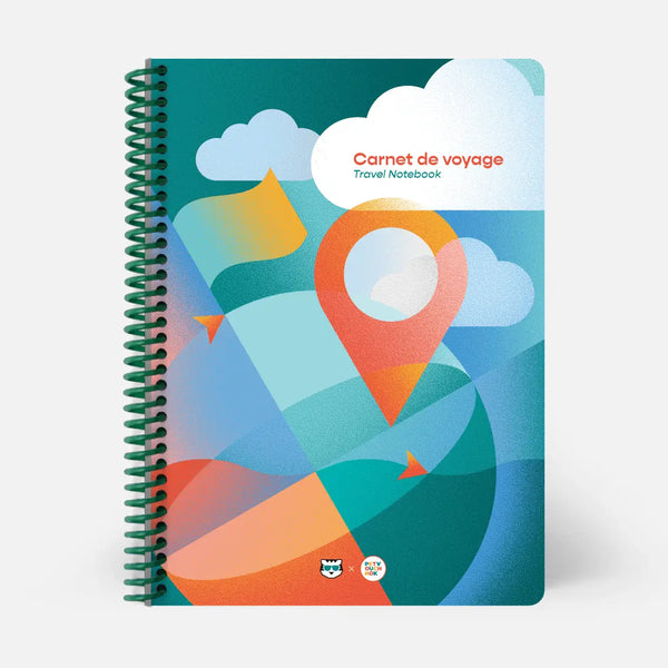 Travel notebook with colorful design and 'Carnet de voyage' text on a white background