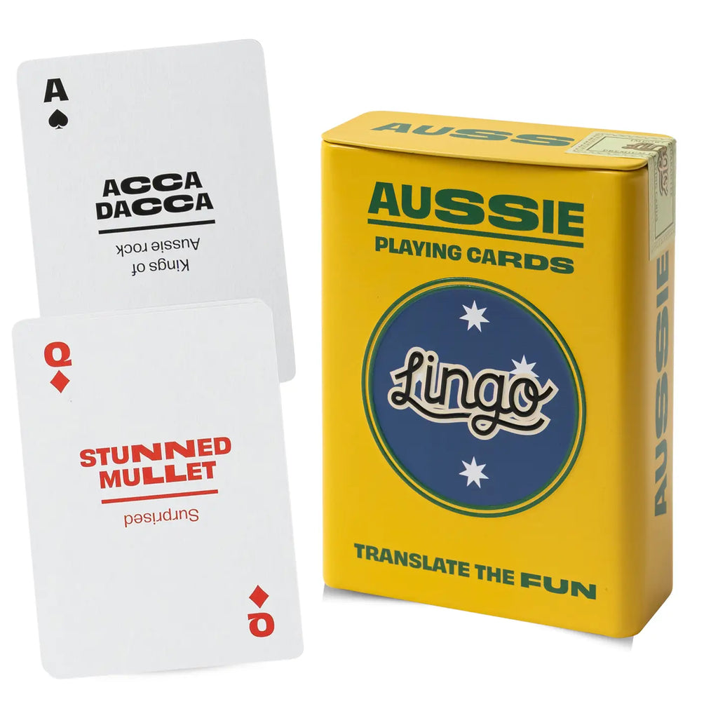 Yellow card game box with 'Aussie Lingo' branding and two playing cards displayed.