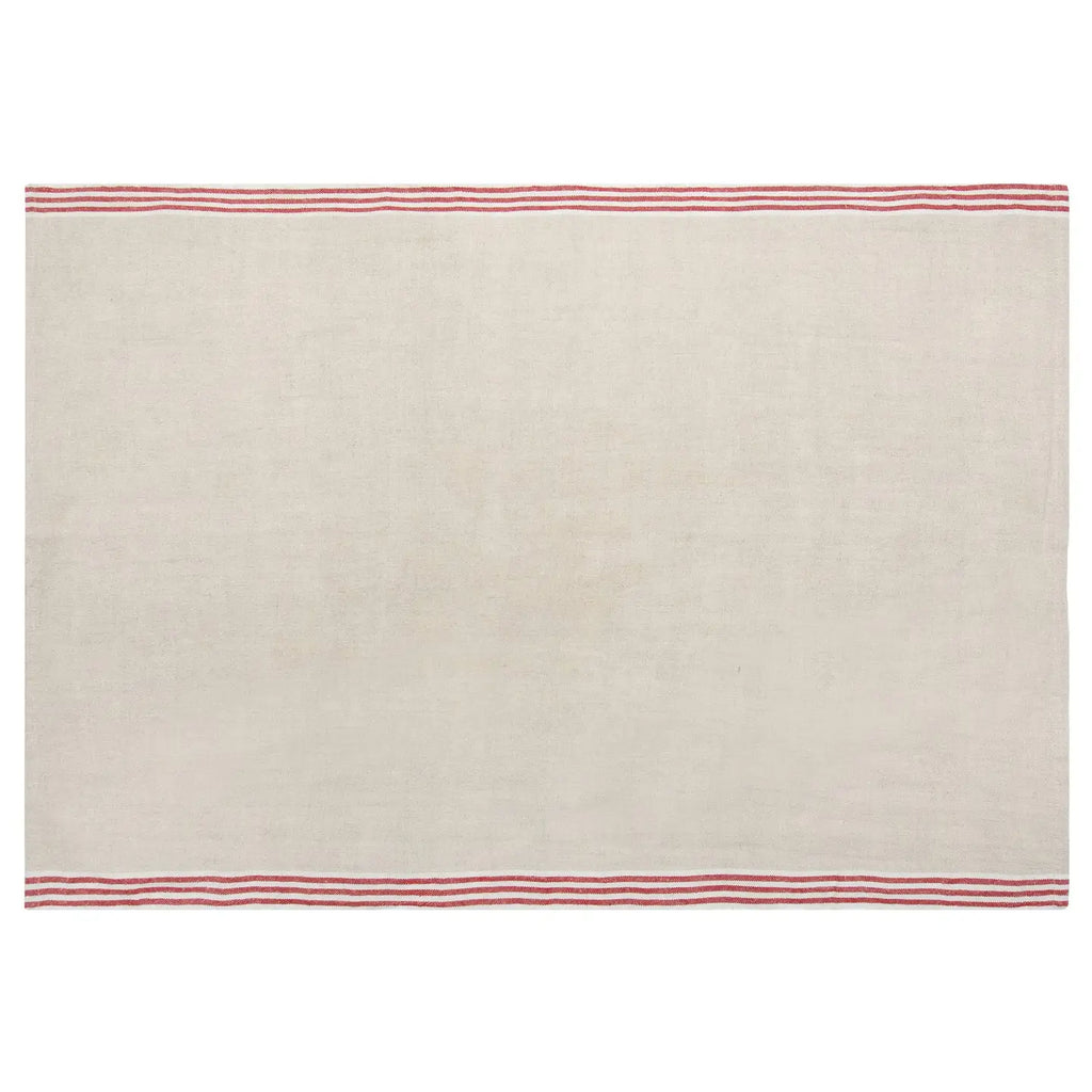 A rectangular cream-colored tea towel with thin red stripes along both short ends, shown flat against a white background.