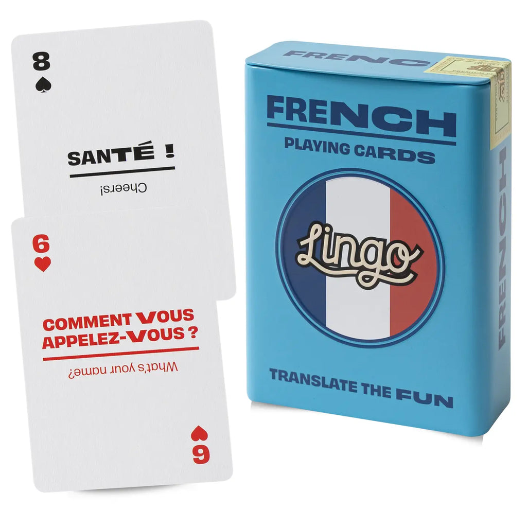 French playing cards with a blue box labeled 'Lingo' on a white background