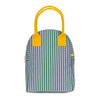 Blue and white striped bag with yellow handles on a white background