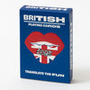 Blue box of British playing cards with a red heart and Union Jack design on a white background