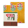 Two colorful tea towels with floral and animal designs on a white background