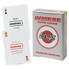 Lingo Japanese playing cards set with a white box labeled 'JAPANESE PLAYING CARDS' and two sample cards showing black and red Japanese text on a white background.