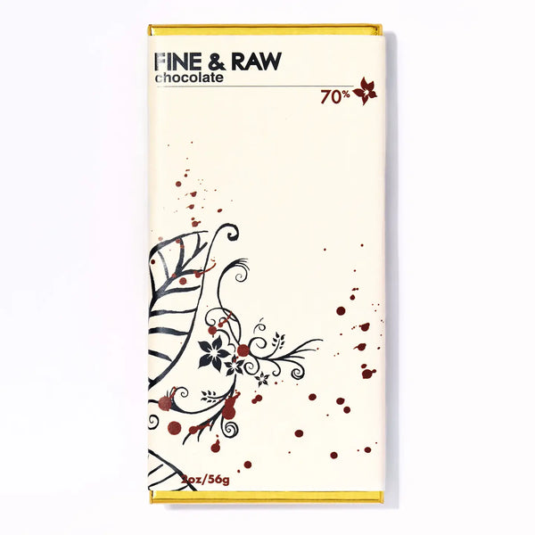 Fine & Raw chocolate bar packaging with decorative elements on a white background