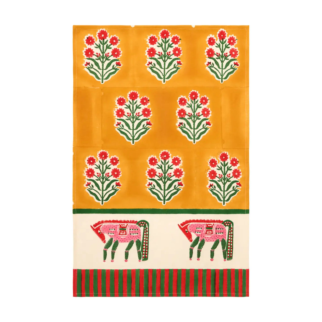 Decorative fabric with floral patterns and animal illustrations on a yellow and beige background.