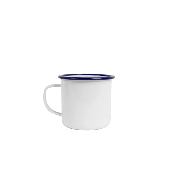 White mug with a blue rim on a white background