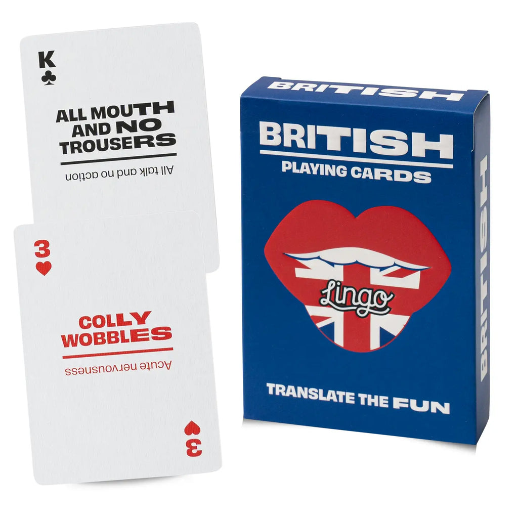 Playing cards with a British theme and 'Lingo' branding on a white background