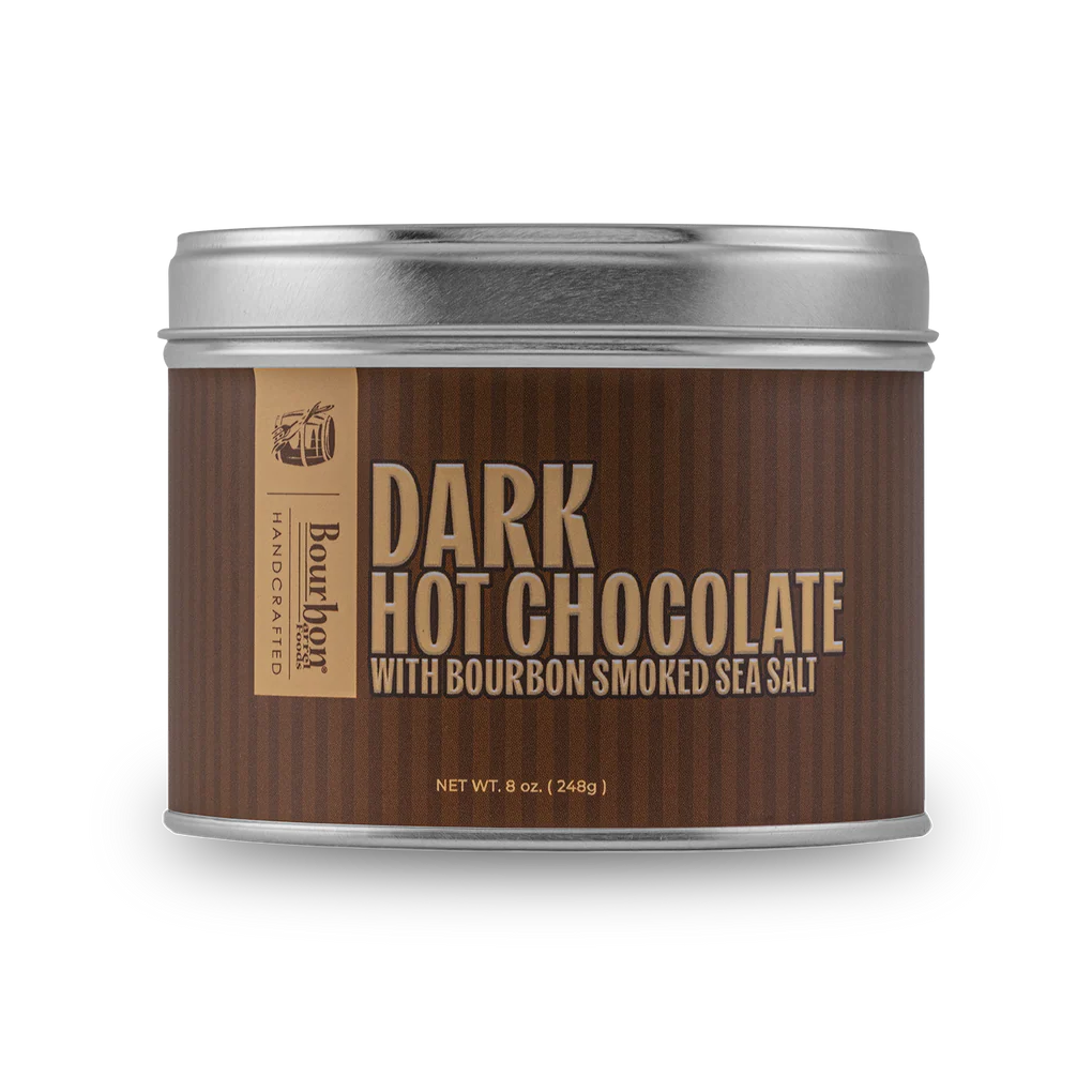 Tin of dark hot chocolate with bourbon smoked sea salt on a white background