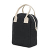 Black bag with beige handles and zipper on a white background