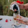 Person pouring wine into a glass with a scenic background