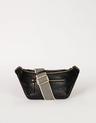 Black soft grain leather bum bag on white background