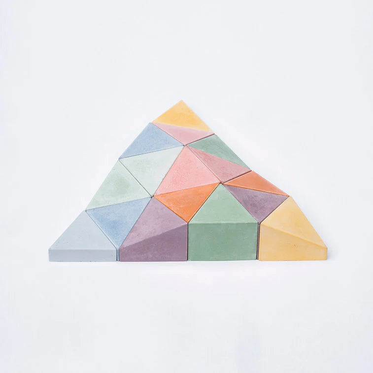 Triangular puzzle made of interlocking pastel-colored triangles on a light gray background