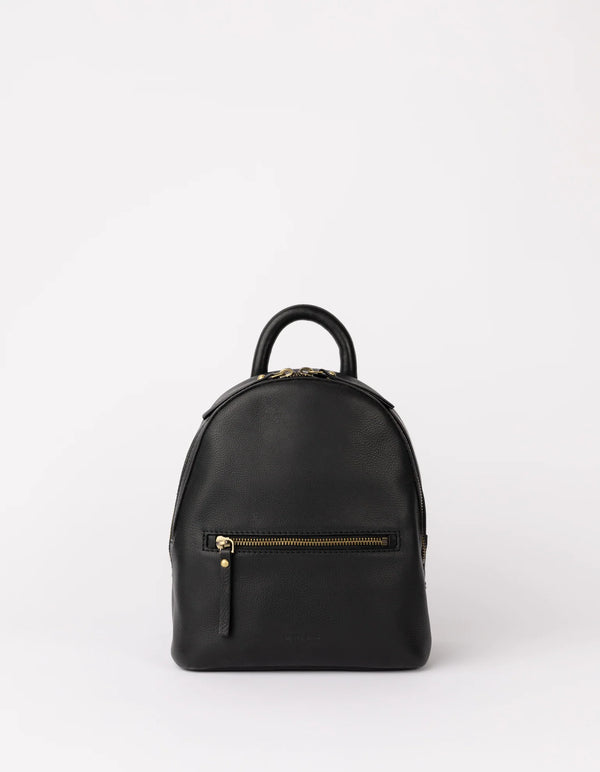 A black mini backpack with two external zip pockets and a branded logo on the bottom center.