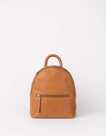 A brown leather mini backpack with two external zip pockets and a branded logo on the bottom center.