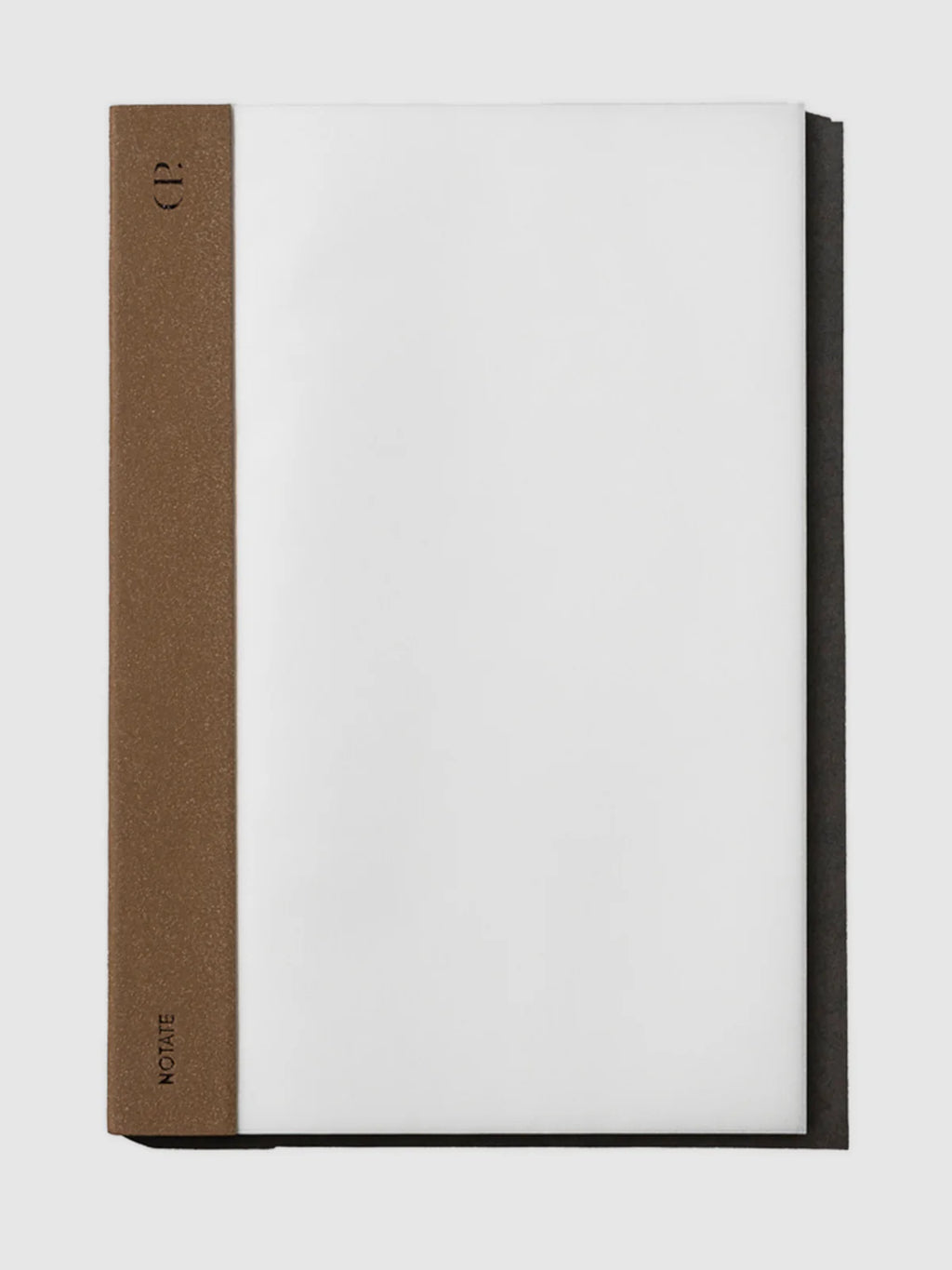A notebook with a white page area and a textured brown spine band, photographed on a light gray background.