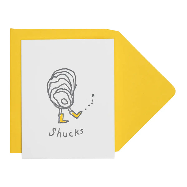 Card with an oyster illustration and 'Shucks' text on a yellow envelope.