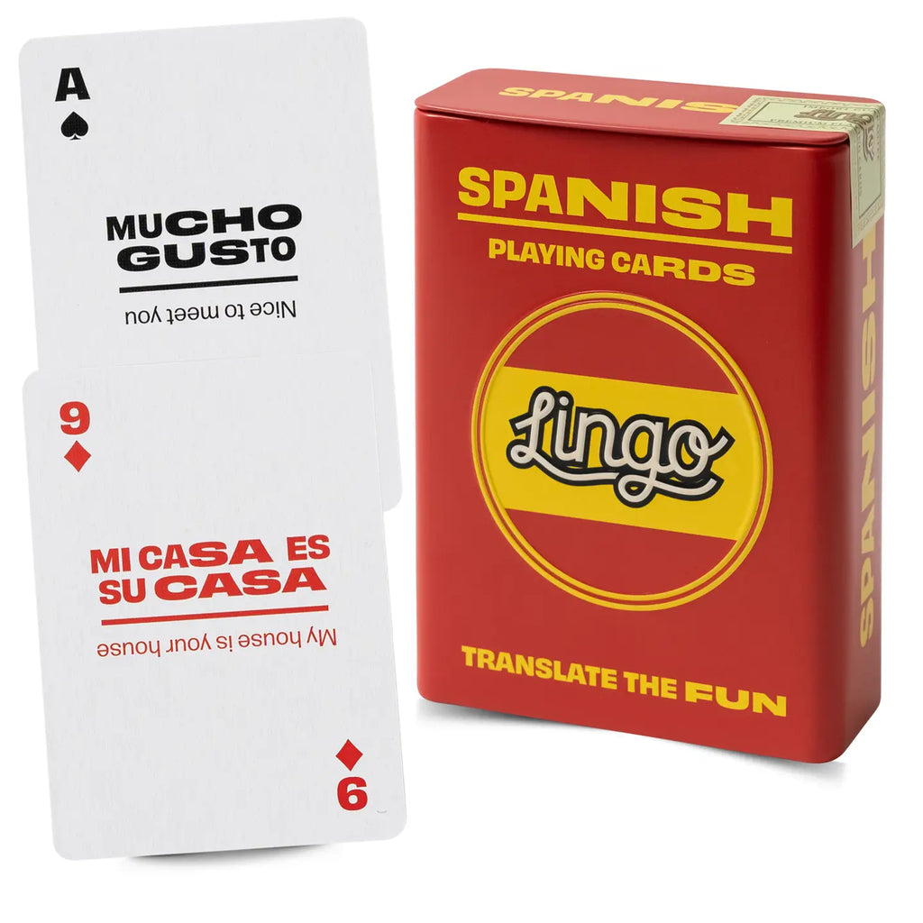 Spanish playing cards with a card showing 'Mucho Gusto' and 'Lingo' packaging.