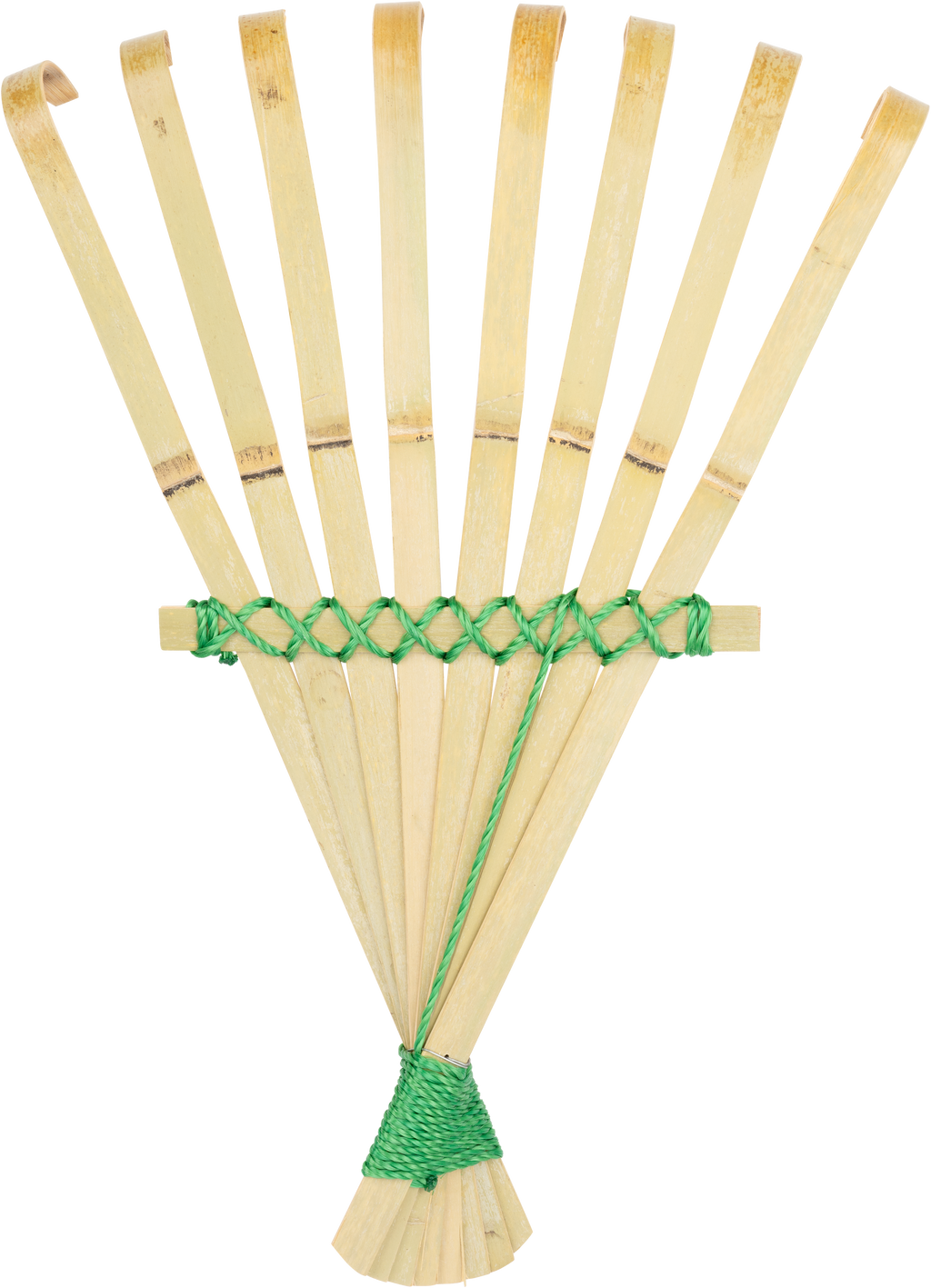 Bamboo hand rake with green string.