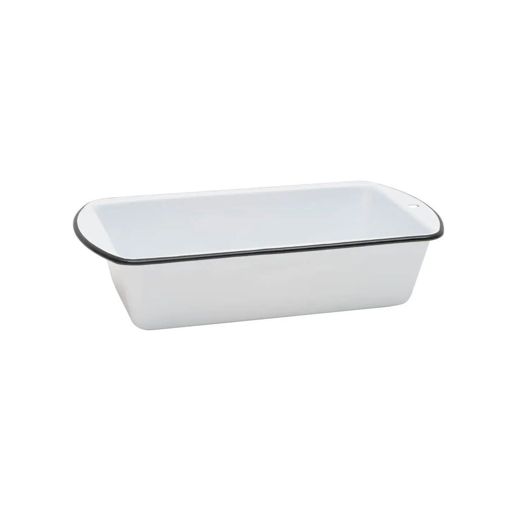 White enamel loaf pan with black rim on a white background
