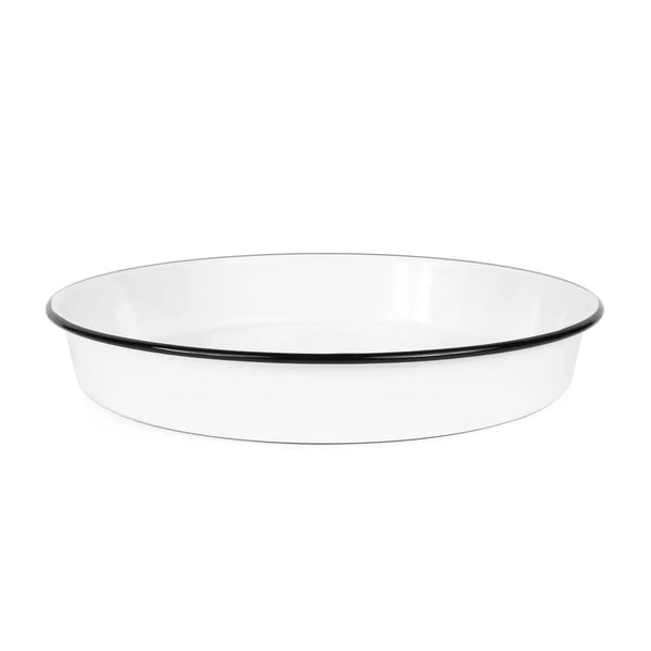 White serving tray with black rim on a white background