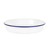 White serving tray with a blue rim on a white background