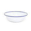 White bowl with blue rim on a white background