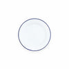 Round white plate with a blue rim on a white background