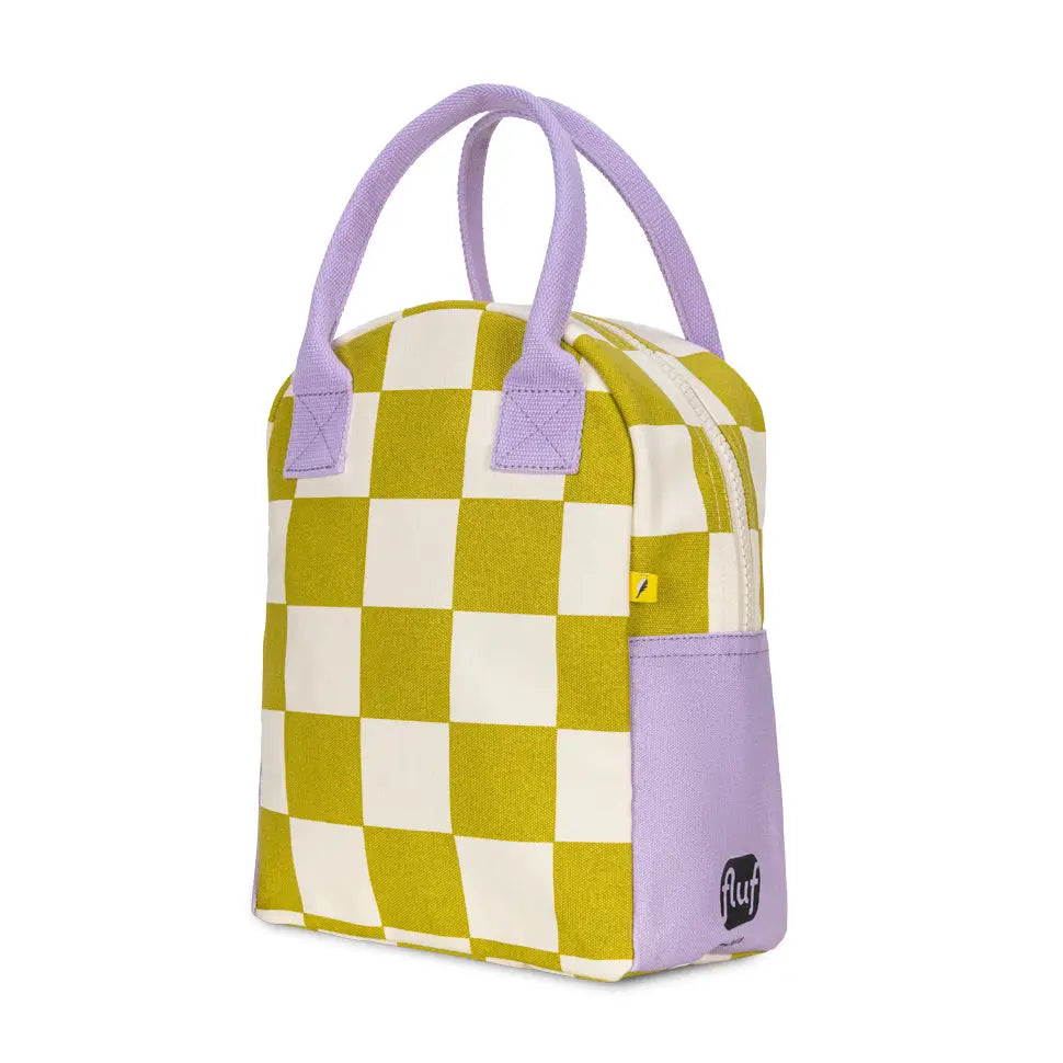 Checkered bag with purple handles and trim on a white background