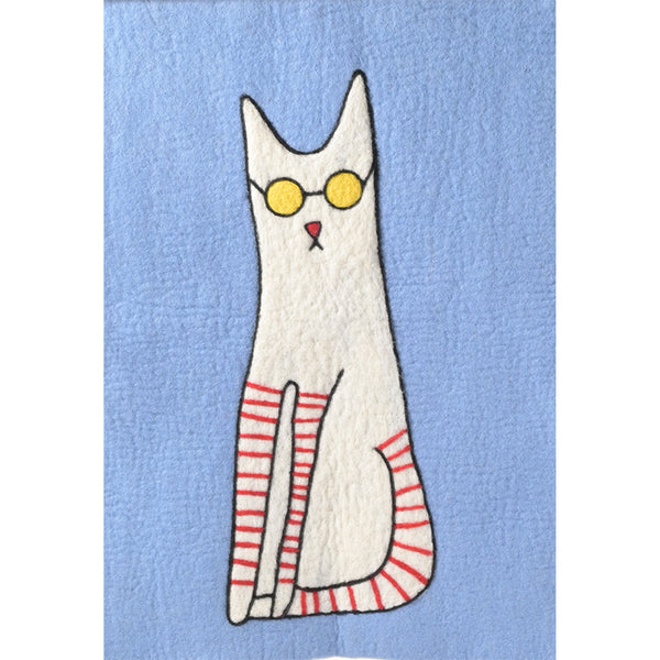 Cartoon cat with sunglasses and striped socks on a blue background