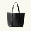 Black tote bag with shoulder straps on a white background