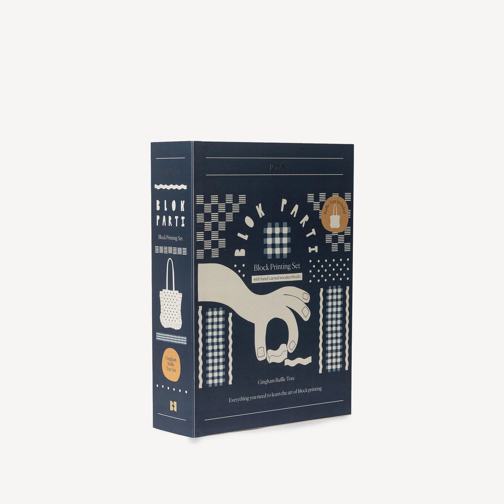 Box packaging for a block printing set with illustrations on a white background