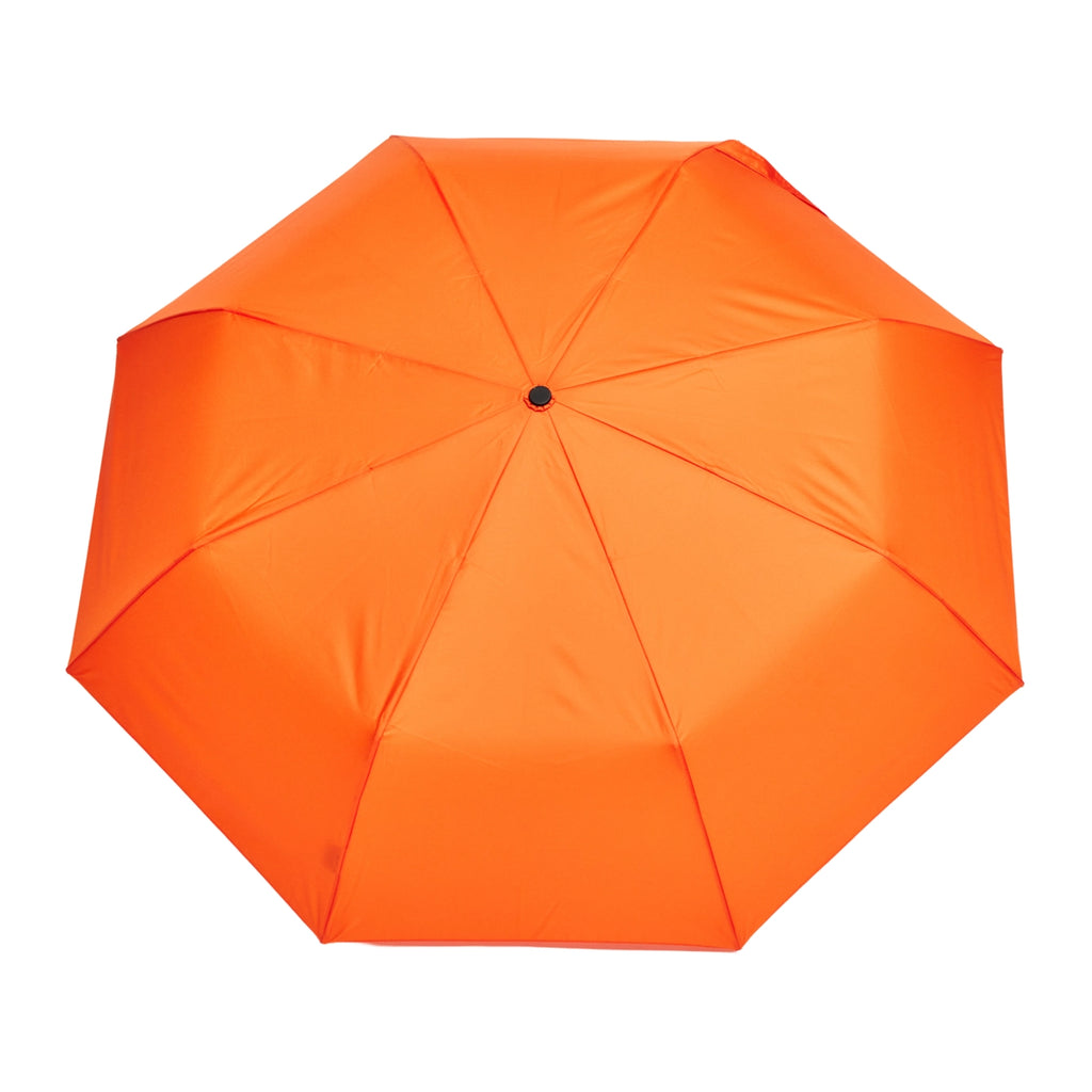 A bright orange compact umbrella shown from a top-down view against a plain white background.